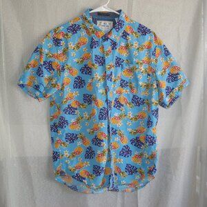 MBX Blue Button Shirt with Tropical Themed Pattern